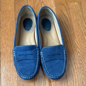 Clarks Navy Loafers with White Stitching